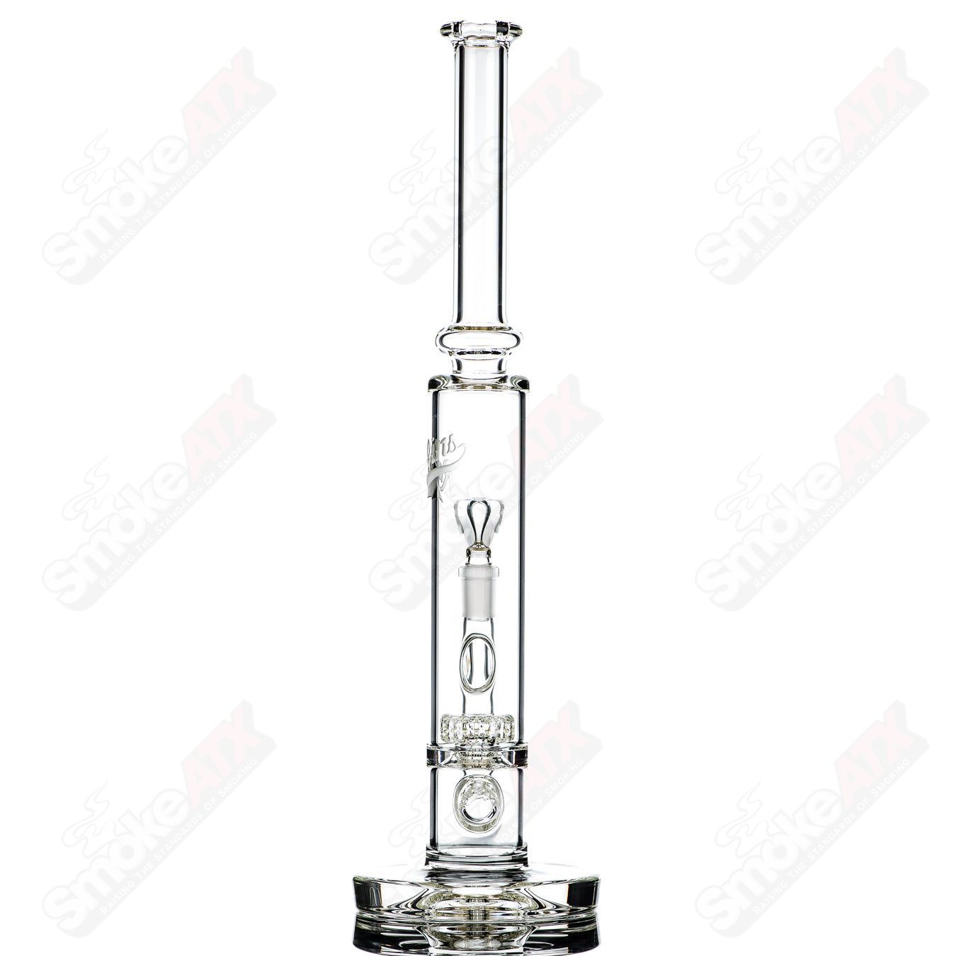 50mm UV Horizonline and Helix Perc Tube by Rawlins Glass, a clear straight heady glass tube with colorful UV-reactive design.