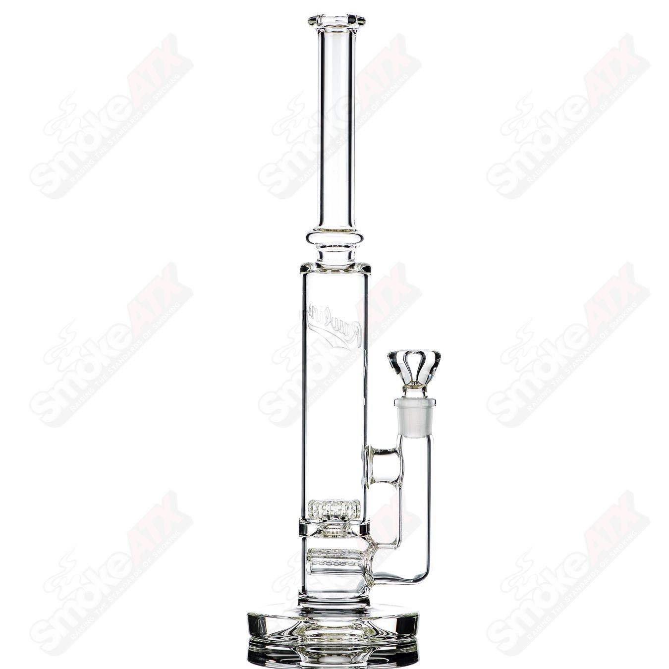 50mm UV Horizonline/Helix Perc Tube by Rawlins Glass, clear heady straight glass tube with colorful UV-reactive design.