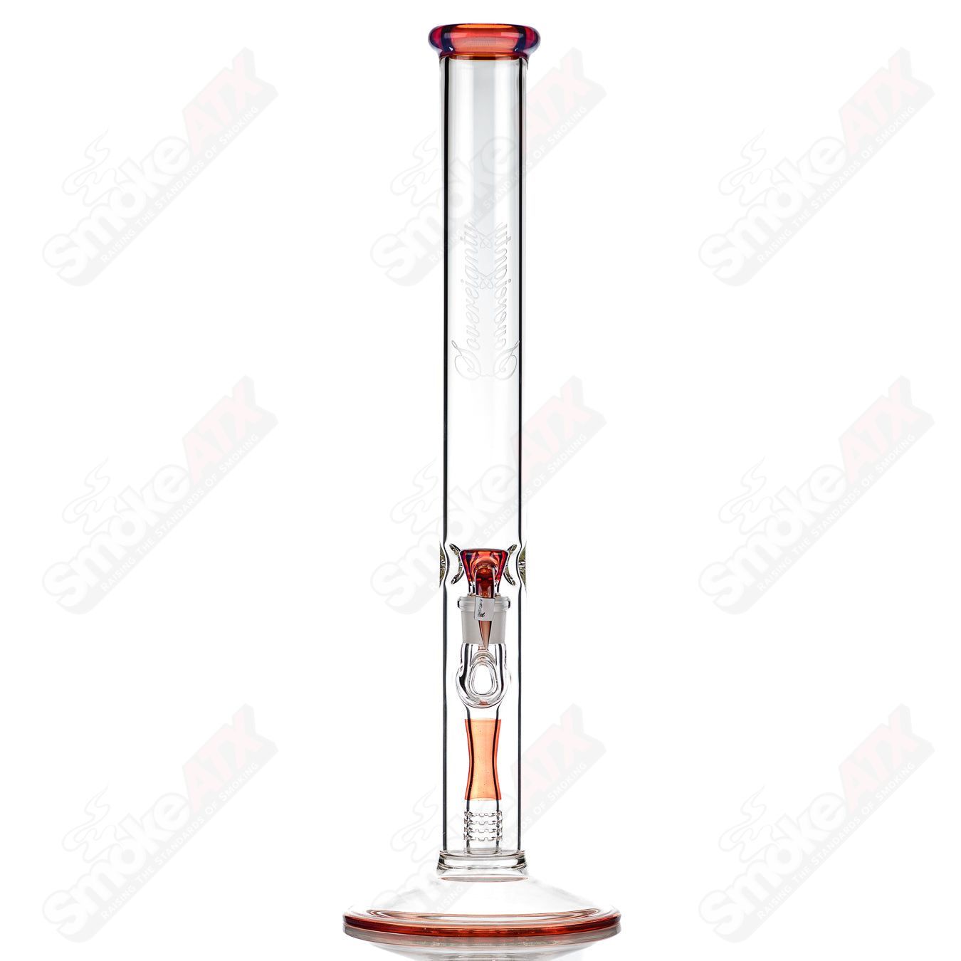 Sovereignty Glass 50x0 Fixed 180 full accent straight tube with accented perc reduction and fruit basket design.