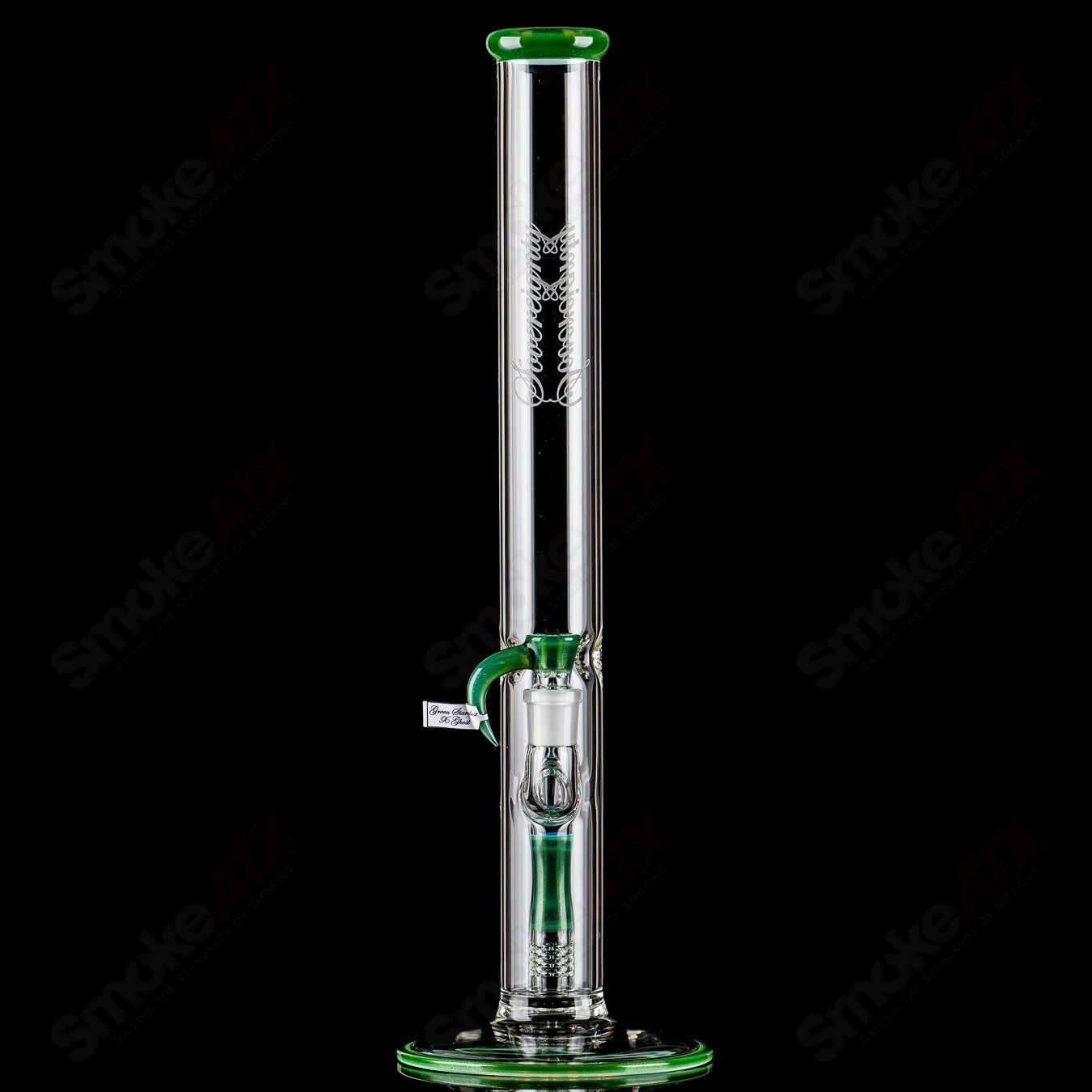 Sovereignty Glass 50x5 fixed 360 full accent straight tube with accented perc reduction, showcasing intricate glass detailing.