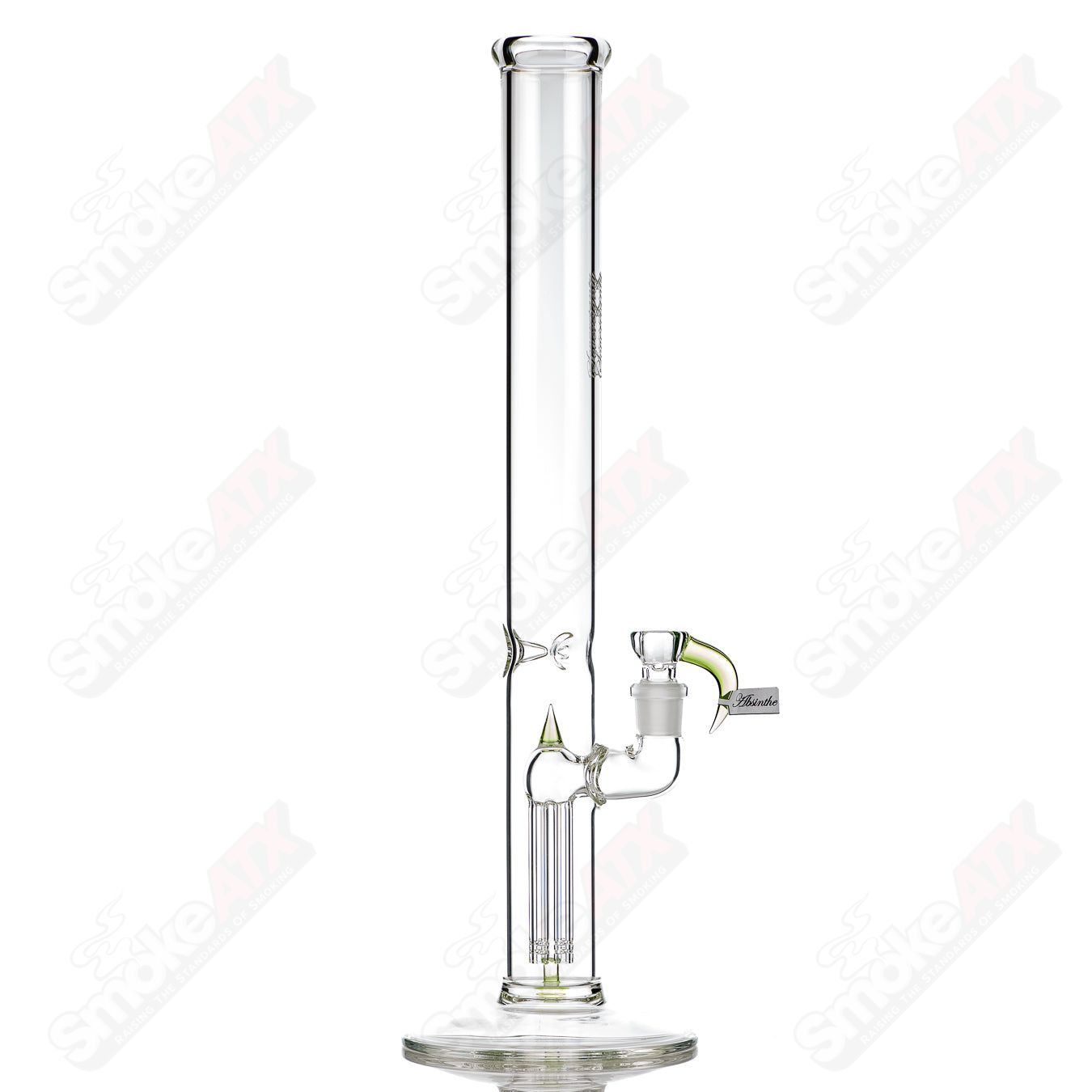 Sovereignty Glass 50x5 fixed 4-arm partial accent straight tube with absinth design, clear glass, detailed craftsmanship.