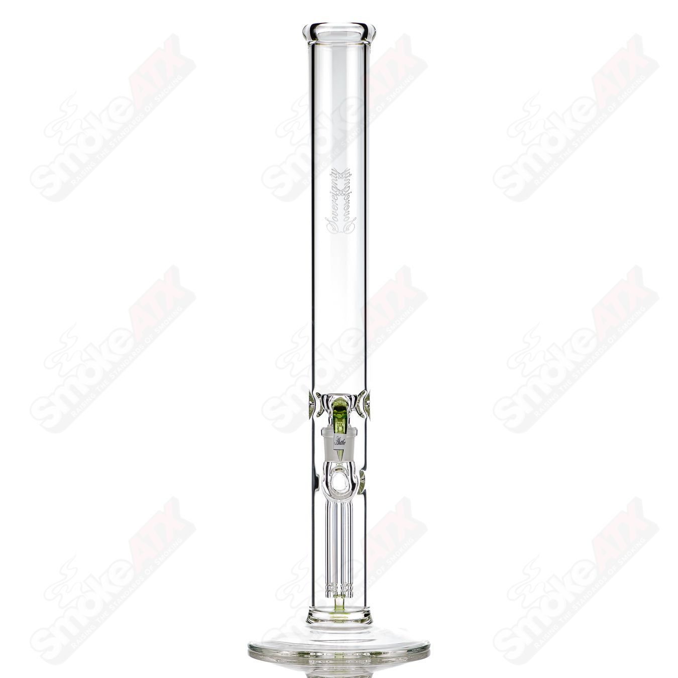Sovereignty Glass 50x5 fixed 4-arm partial accent Absinth straight tube for water pipes, clear glass with detailed design.