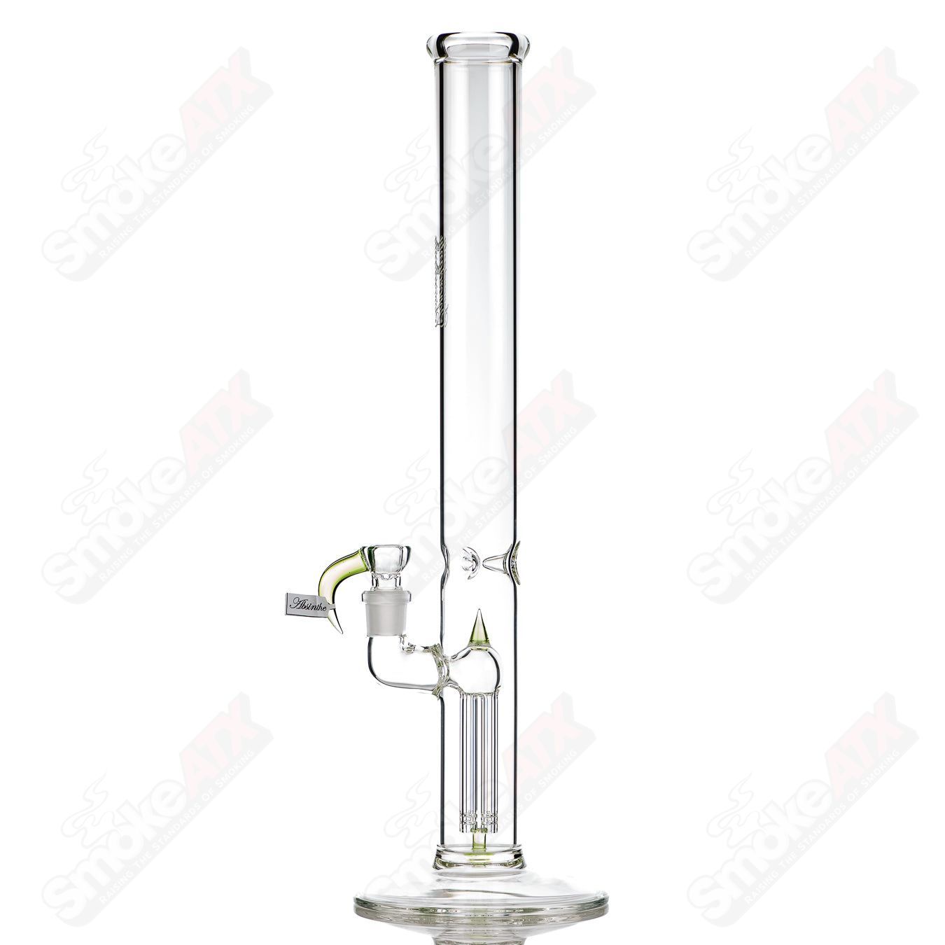 Sovereignty Glass 50x5 fixed 4-arm partial accent absinth straight tube, clear glass with intricate design and straight shape.