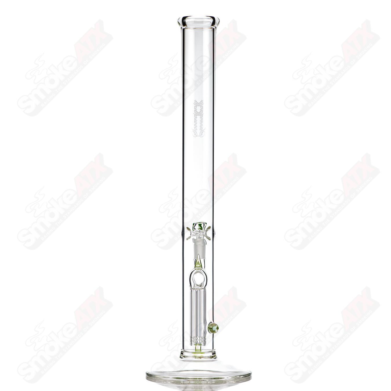 Sovereignty Glass 50x5 fixed 4-arm partial accent straight tube with Millie Absinth design, clear glass with intricate details.
