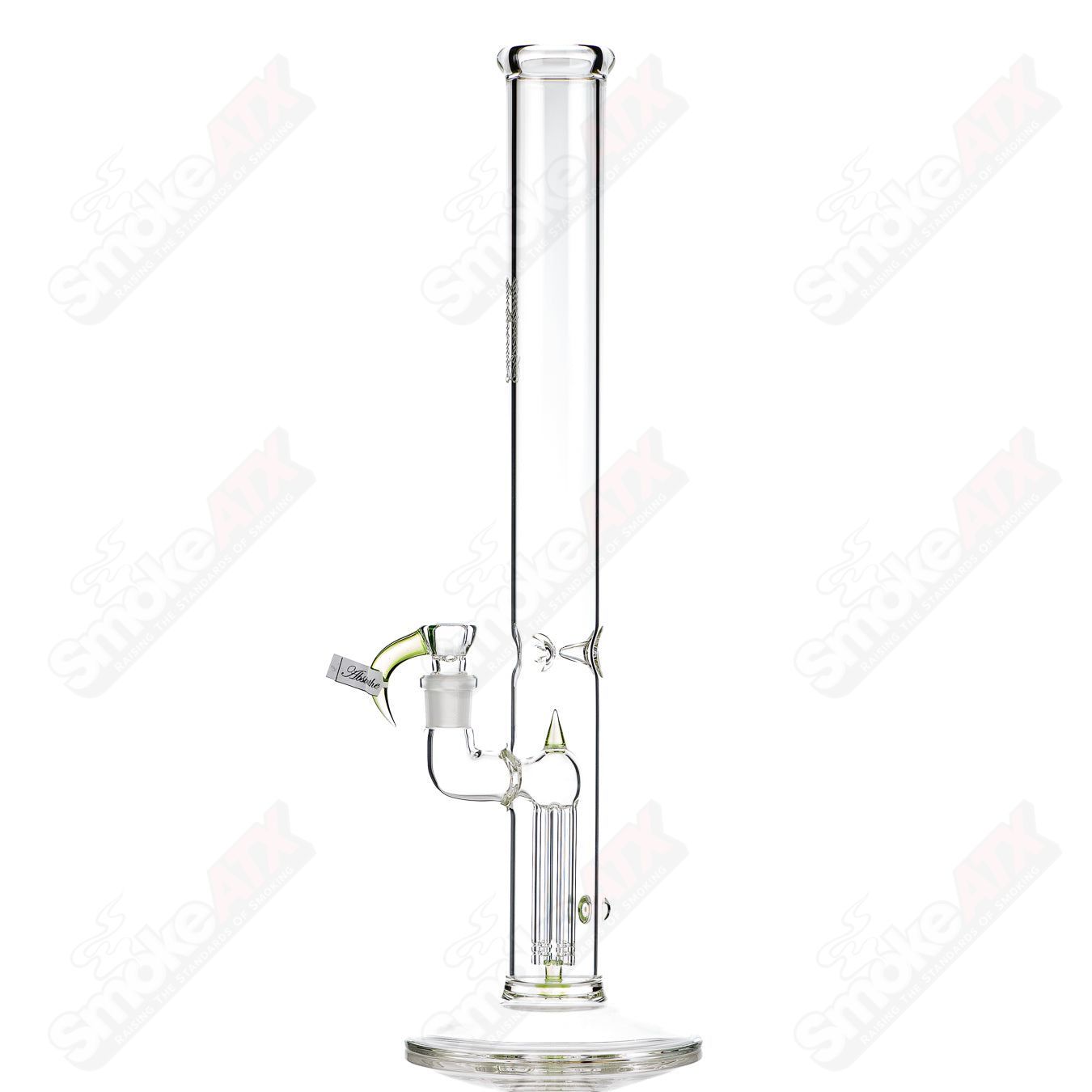 Sovereignty Glass 50x5 fixed 4-arm partial accent straight tube with millie absinth design, clear glass with intricate details.