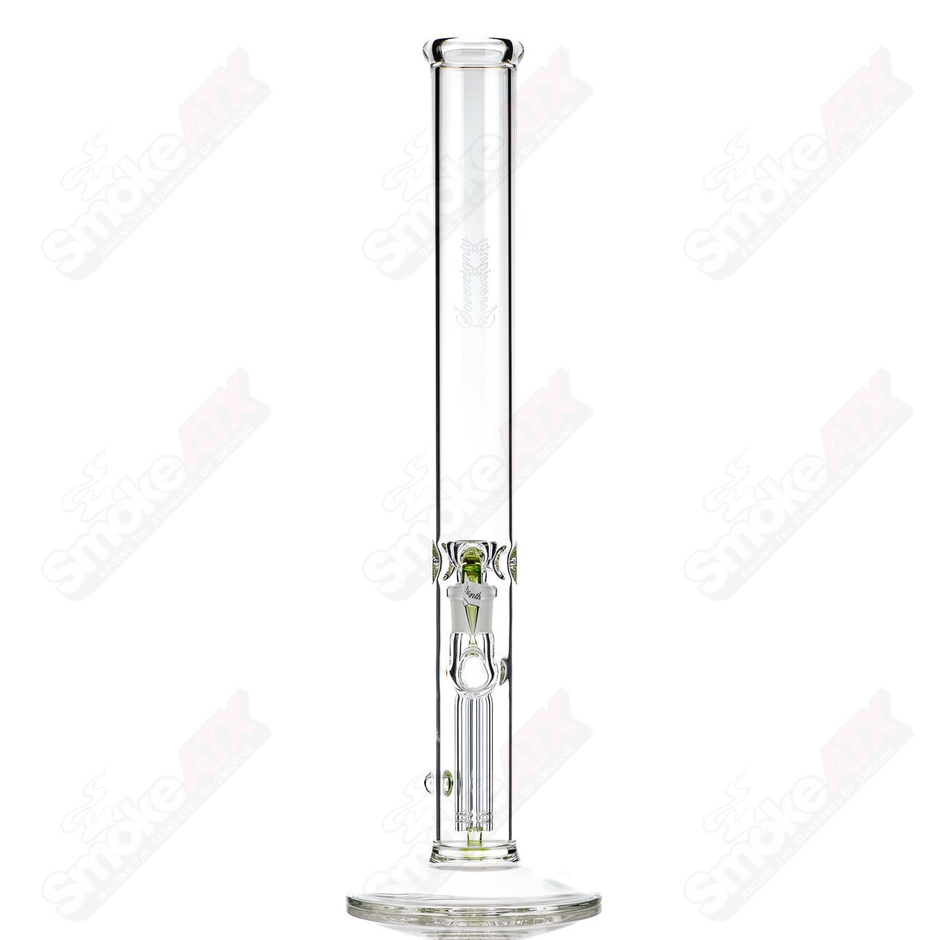 Sovereignty Glass 50x5 fixed 4-arm partial accent straight tube with Millie Absinth design, clear glass and intricate details.