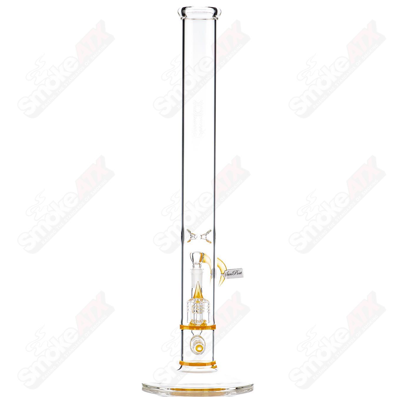 Sovereignty Glass 50x5 Stemline Inv4 Partial Accent with Seal, clear straight glass tube with decorative accents and seal detail.