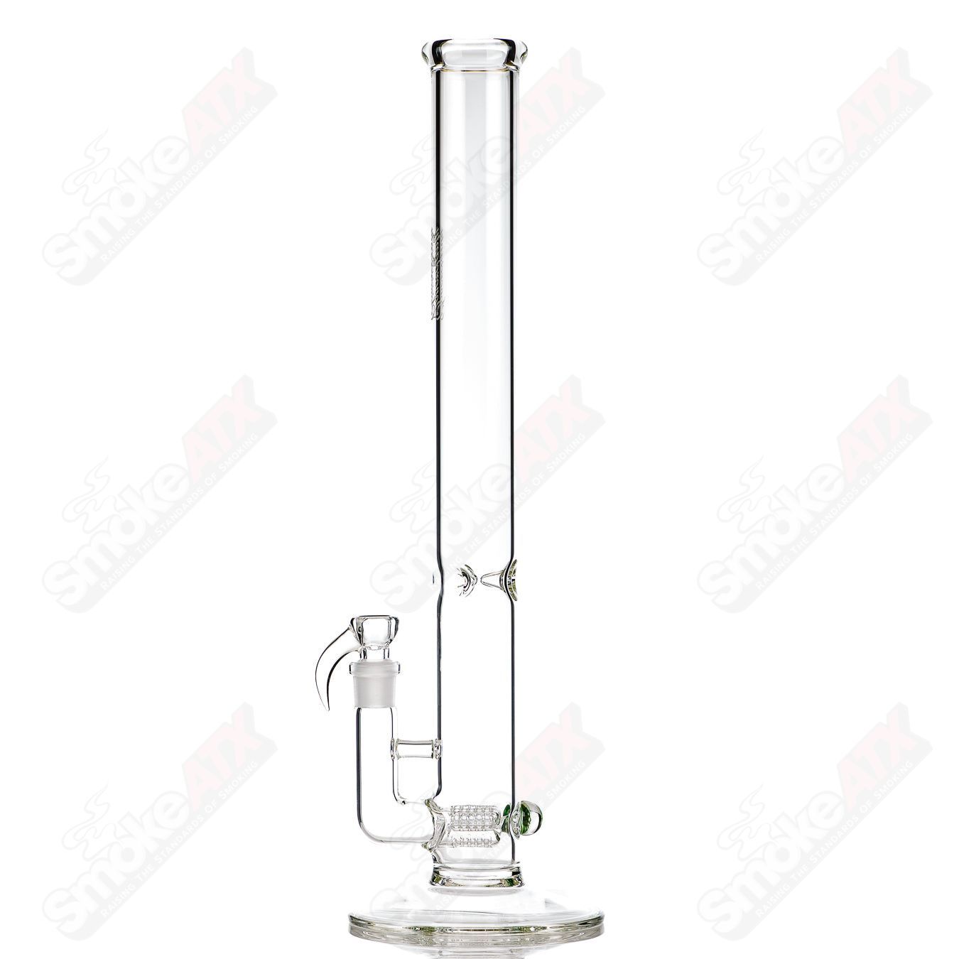 Clear Sovereignty Glass straight tube with 50x5 threeline design and milli accents, showcasing its sleek glass construction.