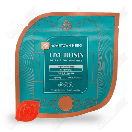 Hometown Hero Blood Orange Live Rosin D9+CBD Gummies, hemp edibles with 5mg THC and CBD in orange flavor, in a clear container.