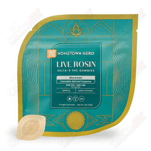 Blue Dream Live Rosin D9+CBD Gummies by Hometown Hero, THC hemp edibles with 5mg THC and CBD, shown in the image.