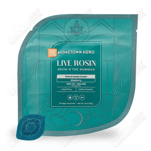 Blueberry flavored hemp edibles by Hometown Hero, 5mg D9 THC and CBD gummies with live rosin for relaxation.