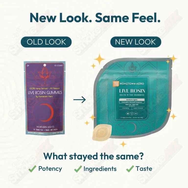 Hometown Hero hemp edibles featuring 5mg Northern Lights Delta-9 and CBD live rosin gummies in a colorful package.
