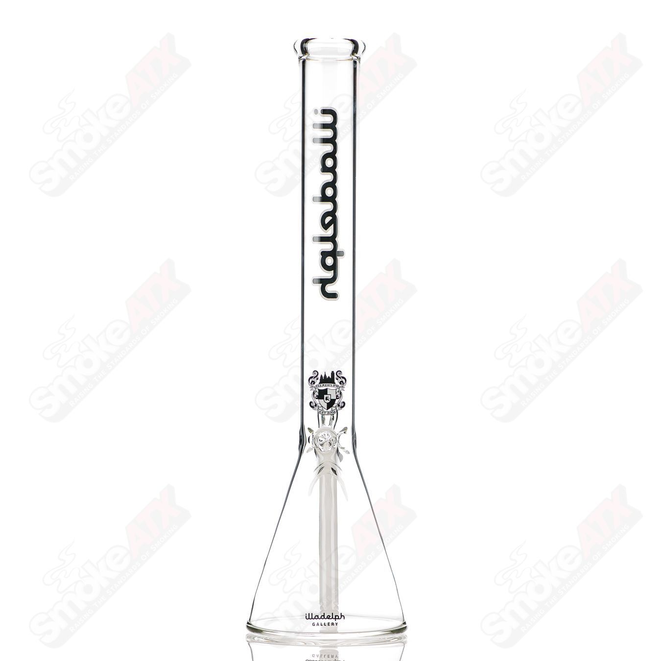 Black medium 5mm glass beaker by Illadelph, featuring a clear cylindrical design with a sturdy base and wide mouth opening.
