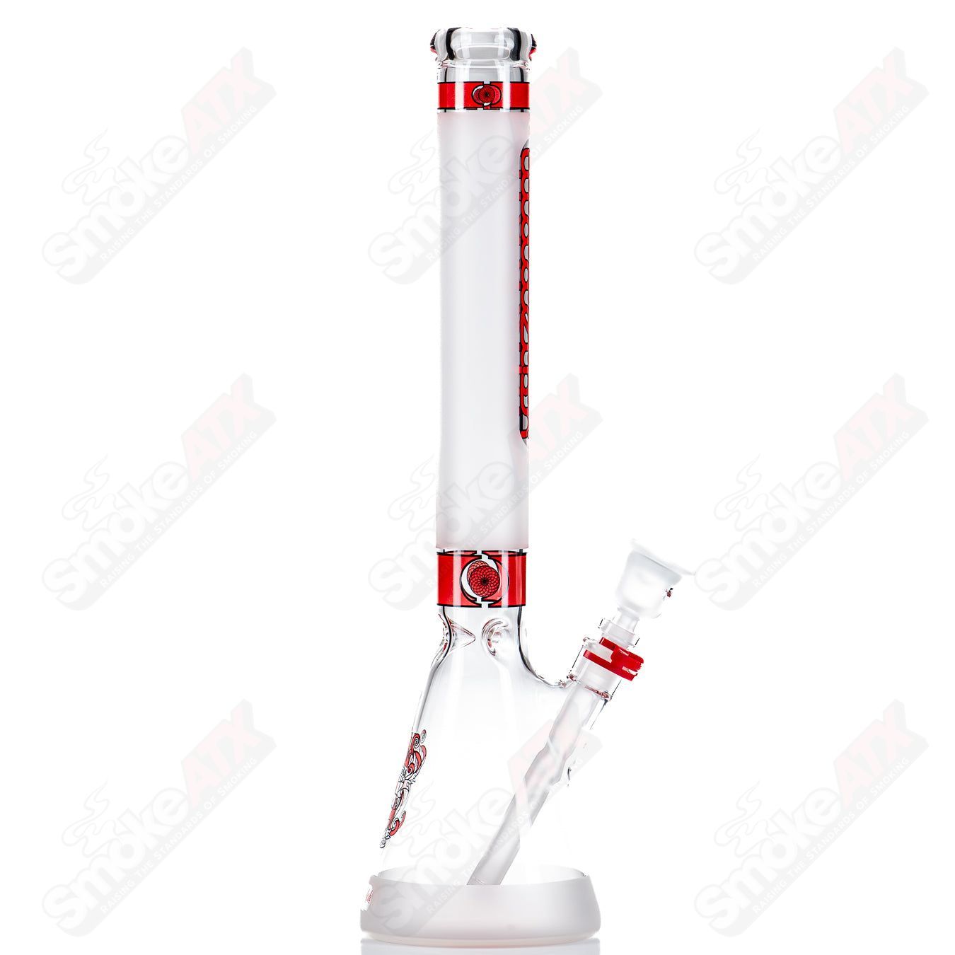 Red 5mm frosted medium glass beaker by Illadelph, designed for smoking or collection, with a sturdy, classic beaker shape.