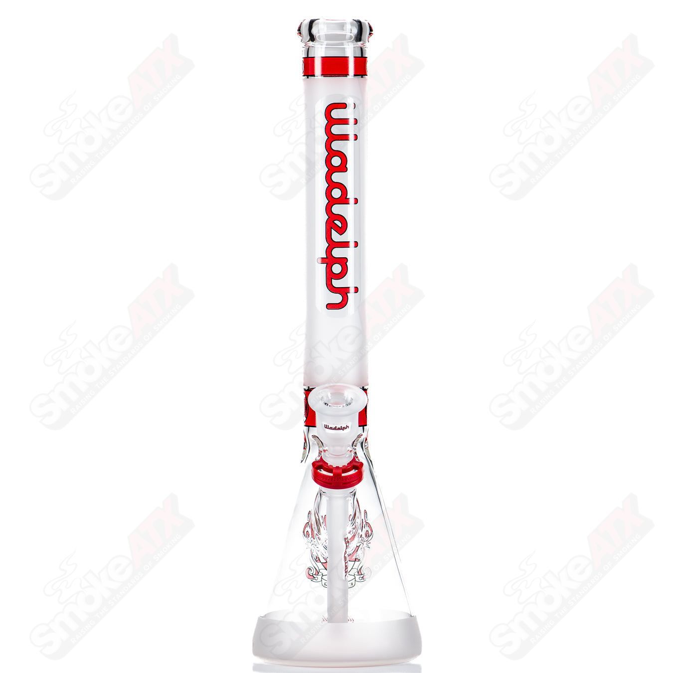 Red Illadelph 5mm frosted medium glass beaker with a cylindrical shape and clear glass accents.