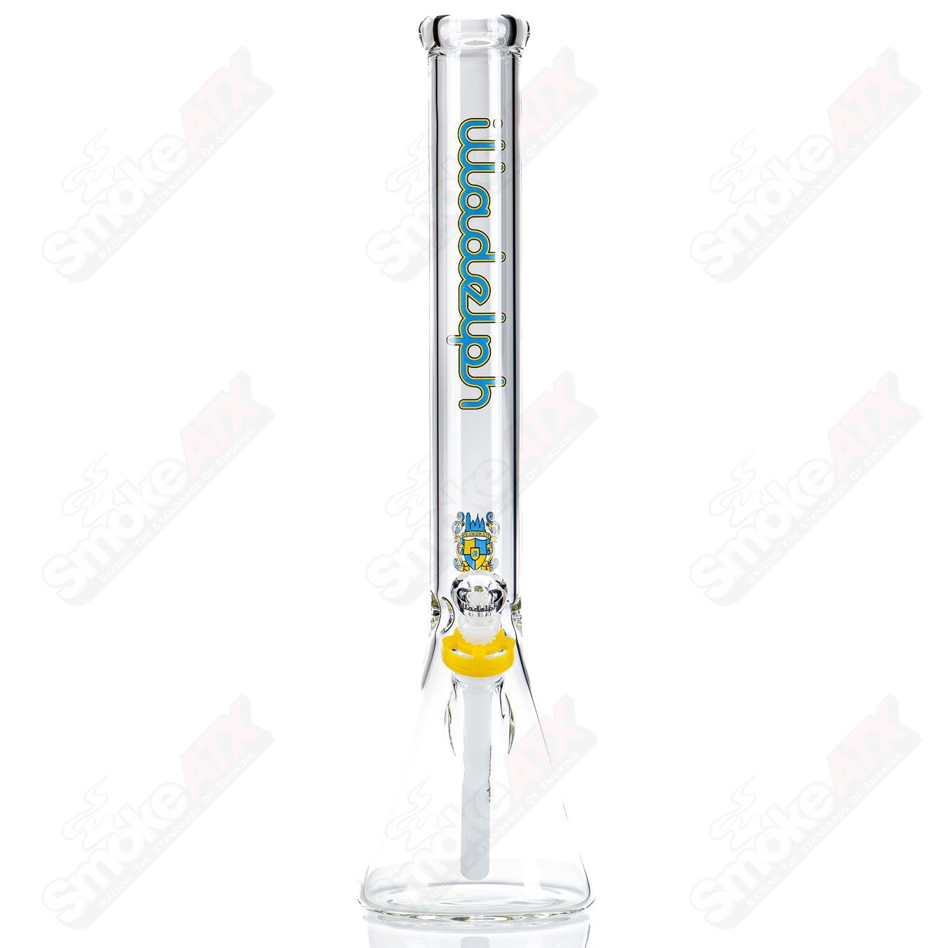 Illadelph 5mm medium beaker waterpipe in blue and yellow glass with a clear design, showcasing a sturdy, colorful glass water pipe.