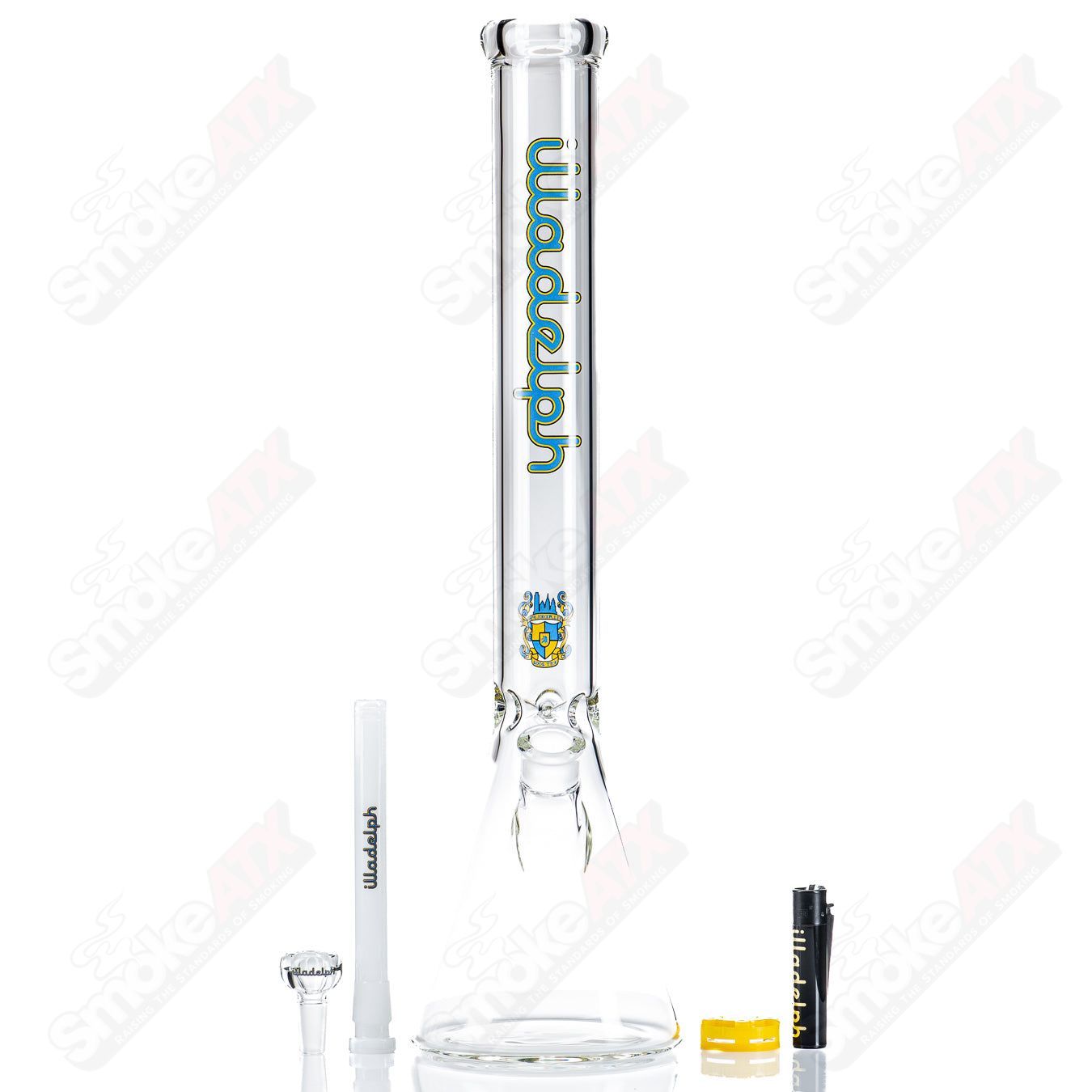Illadelph 5mm medium beaker waterpipe in blue and yellow glass with a sturdy design and clear glass details.