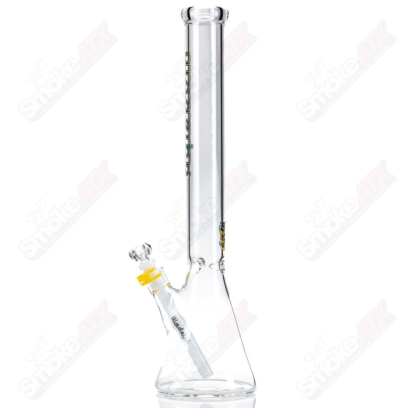 Illadelph 5mm medium beaker waterpipe in blue and yellow glass, featuring a sturdy design and clear branding.