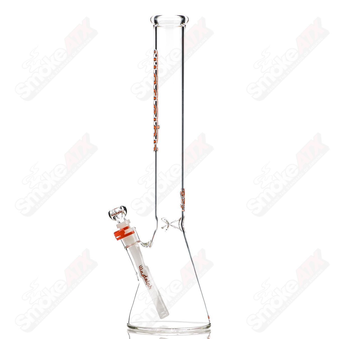 Orange 5mm medium beaker from Illadelph, glass laboratory-style beaker with clear measurement markings and a sturdy base.