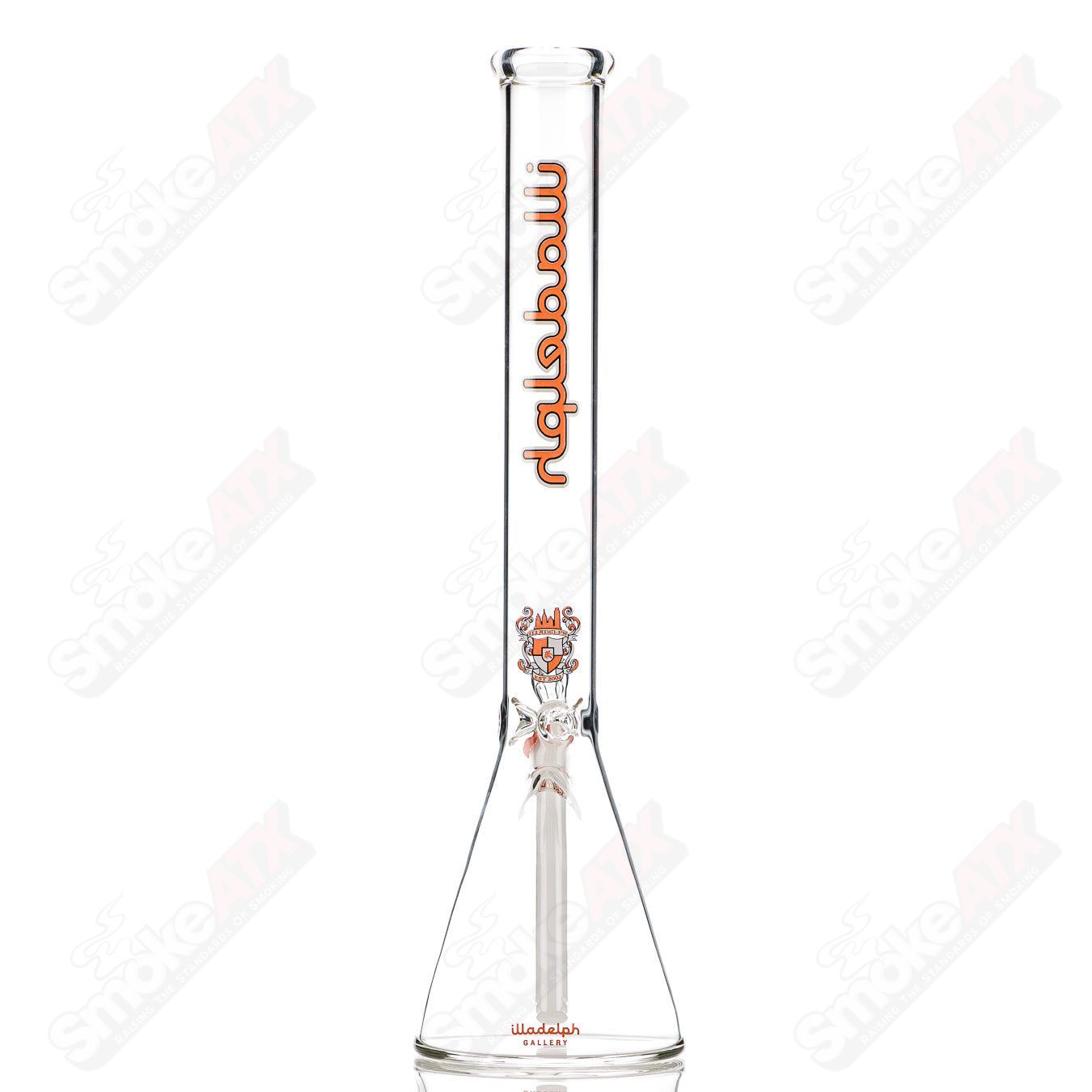 Orange 5mm medium glass beaker by Illadelph, featuring a sleek design and clear branding, suitable for laboratory or decorative use.