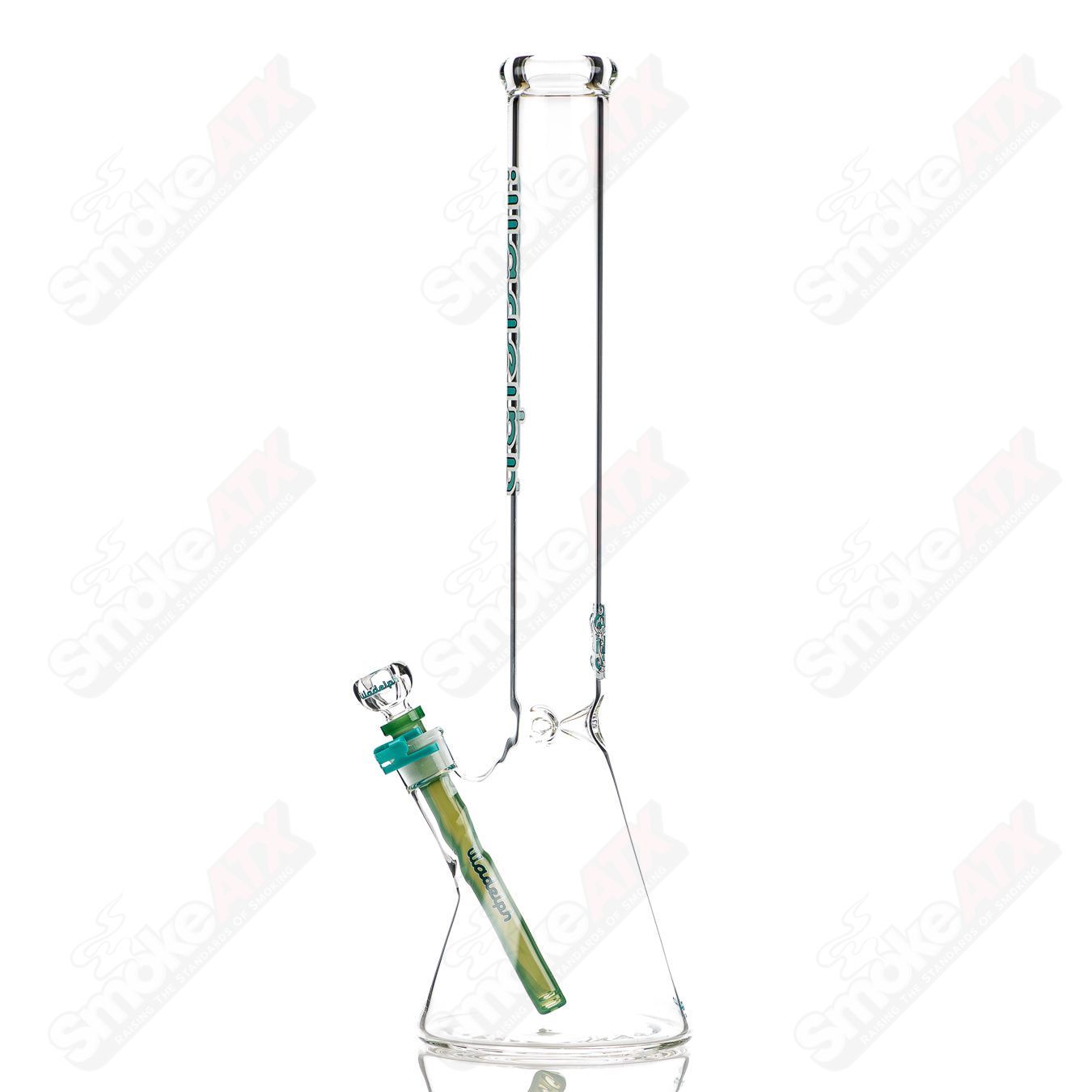 Medium teal 5mm glass beaker by Illadelph with clear measurement markings and sturdy construction.