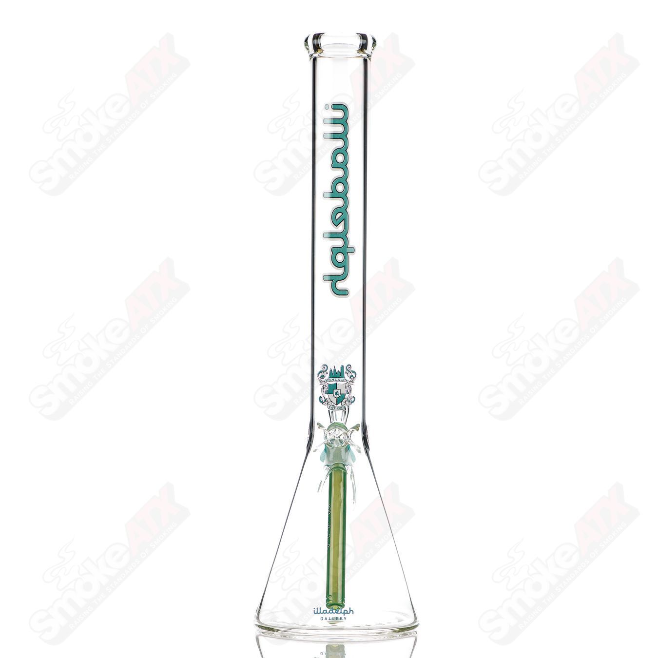 Medium teal glass beaker by Illadelph with 5mm thickness, showcasing a smooth, rounded shape and clear branding.