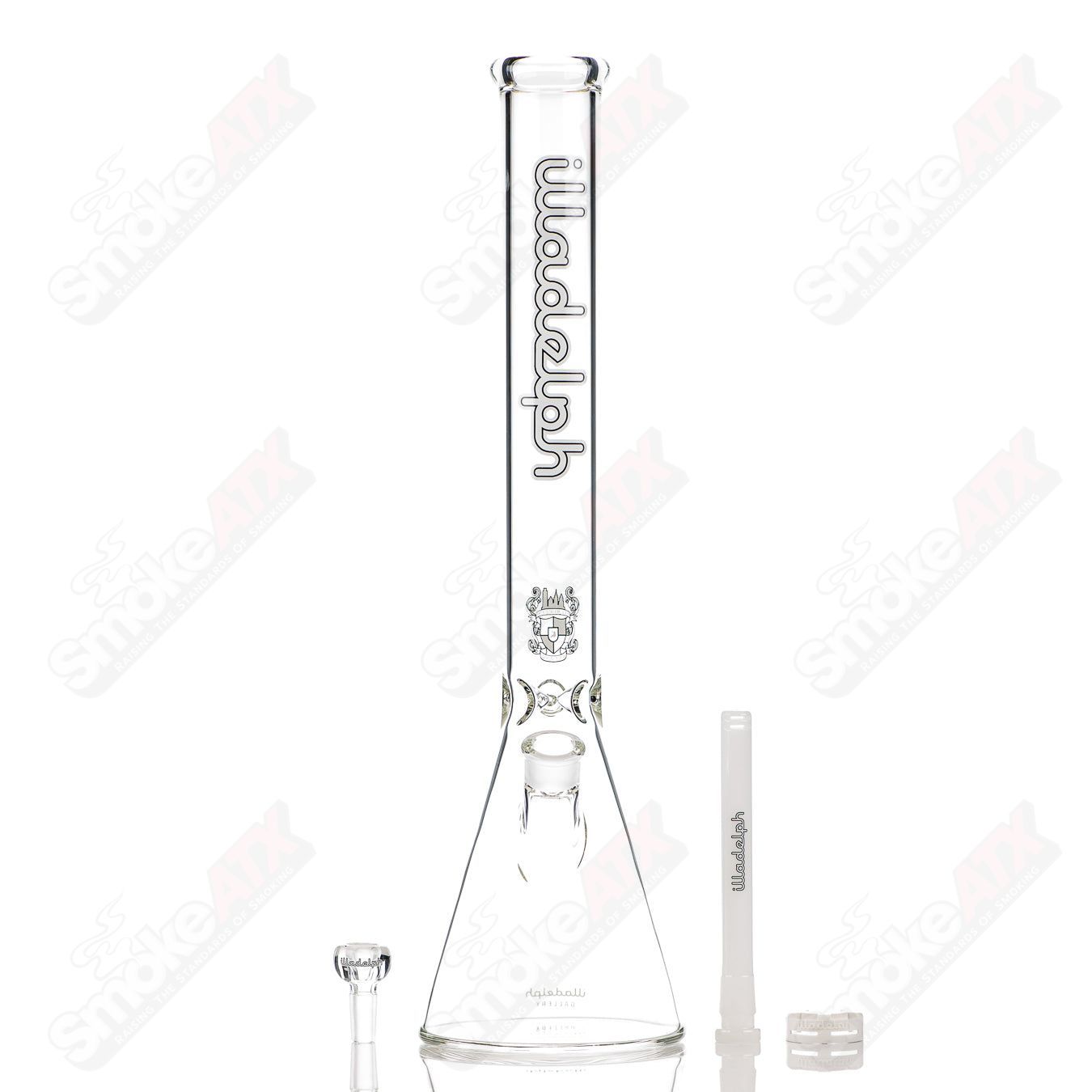 White medium 5mm glass beaker waterpipe by Illadelph, featuring clear glass accents and a sturdy base.
