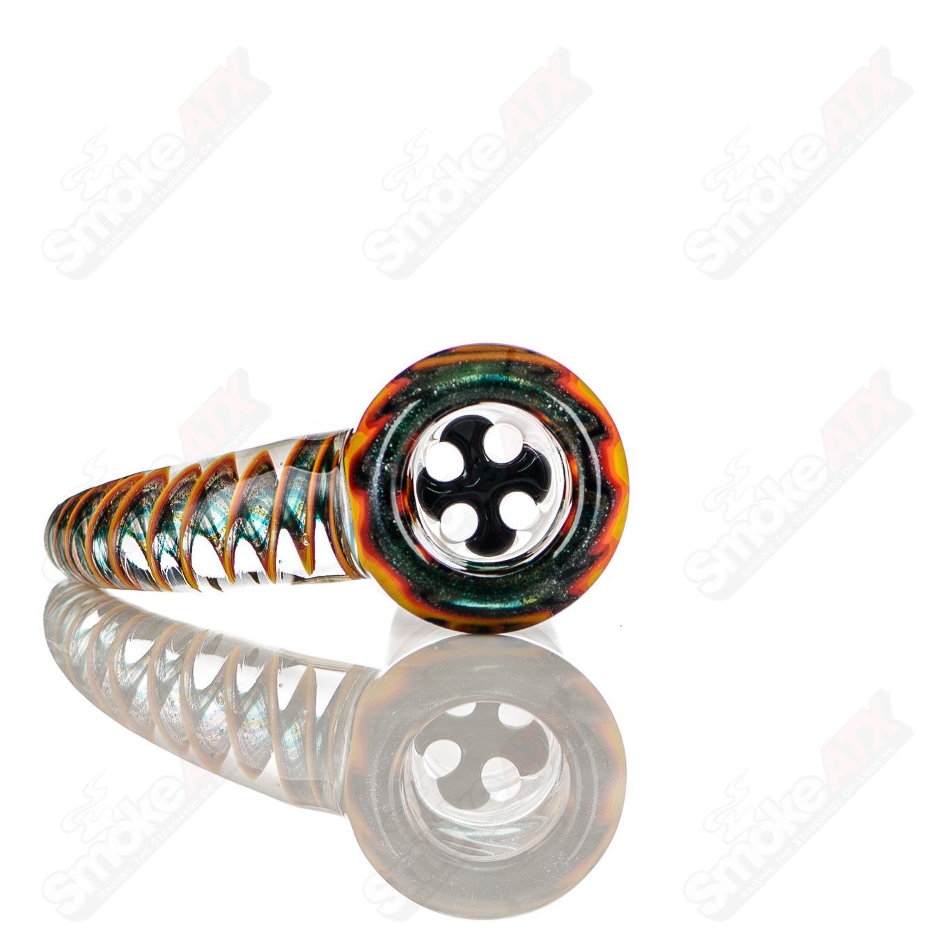 Colorful 18mm 4-hole slide bowl by Texas Tubes, featuring worked glass design and sturdy construction for heady glass use.