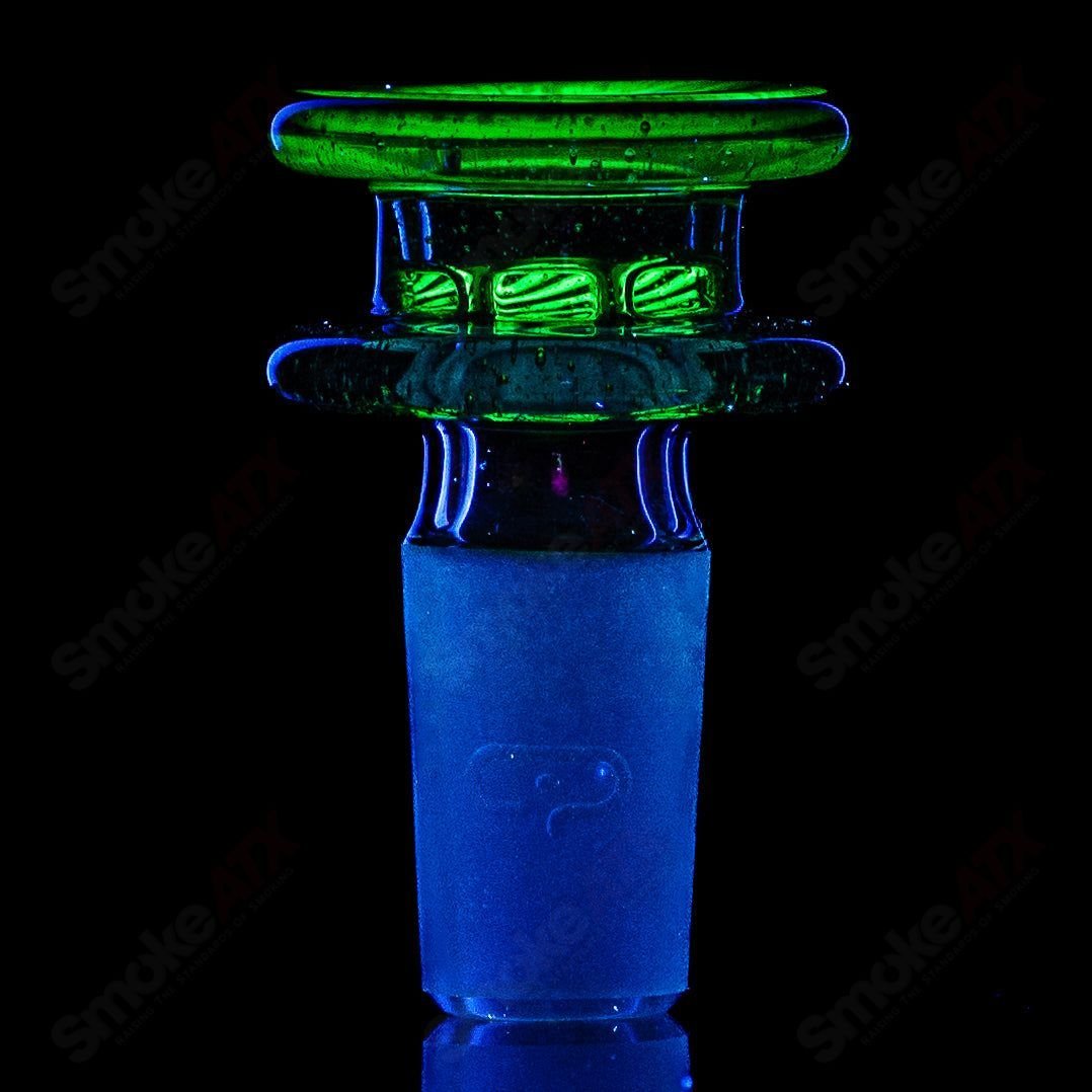 Mobius 19mm UV color elements multi-hole bowl for heady glass pipes, featuring vibrant UV-reactive glass and multiple holes.