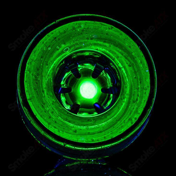 Mobius UV color elements 19mm multi-hole bowl for heady glass, featuring vibrant UV-reactive accents and intricate design.
