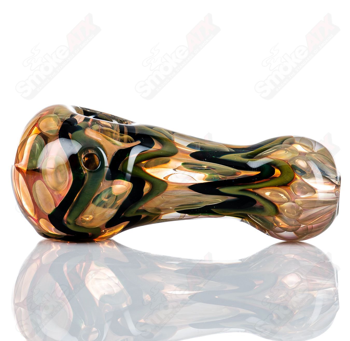 Glass pipe by Shane Smith with gold and silver fume design, featuring an I/O spoon shape and intricate detailing.