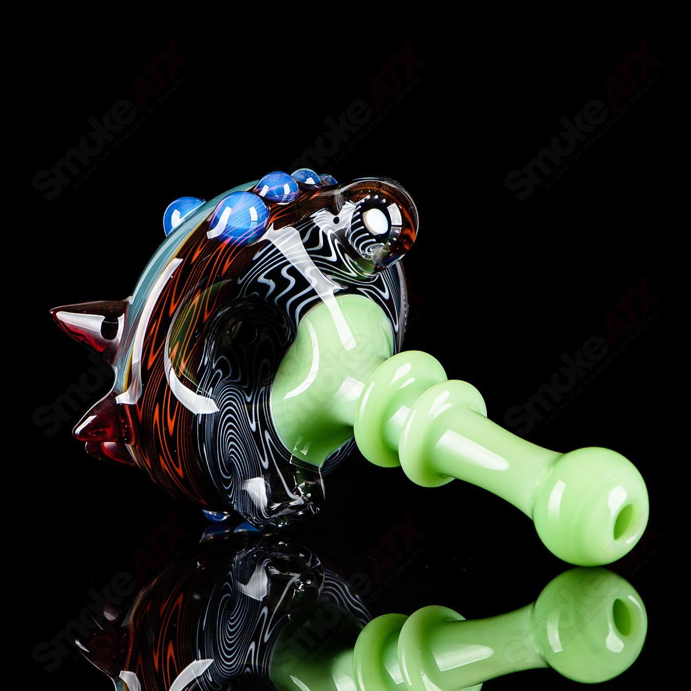 Six-piece glass spoon pipe set with jade mouthpieces by JMass, featuring clear and colorful heady glass design.