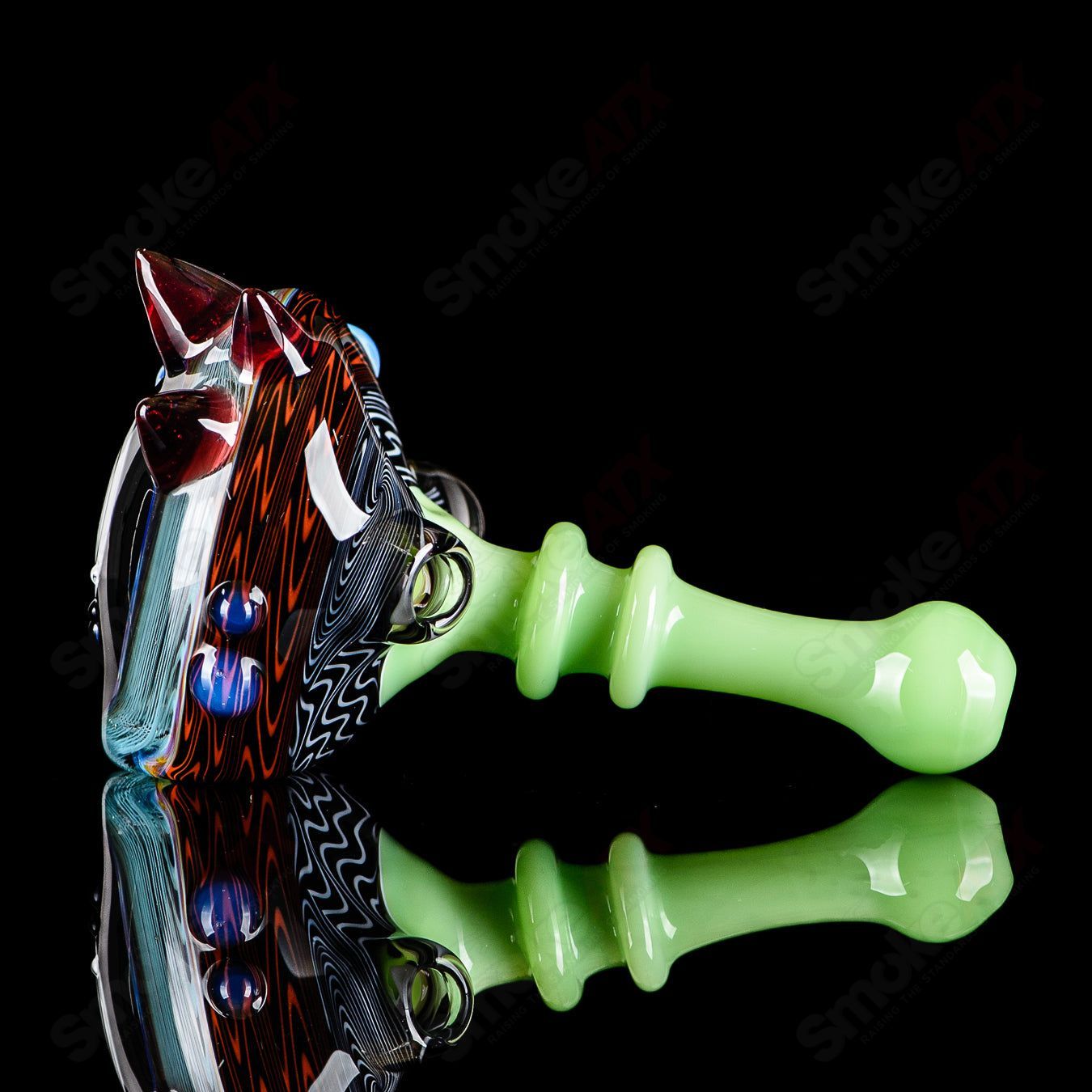 Six-piece glass spoon pipe set with jade mouthpieces by JMass, featuring smooth, hand-blown heady glass design for comfortable use.