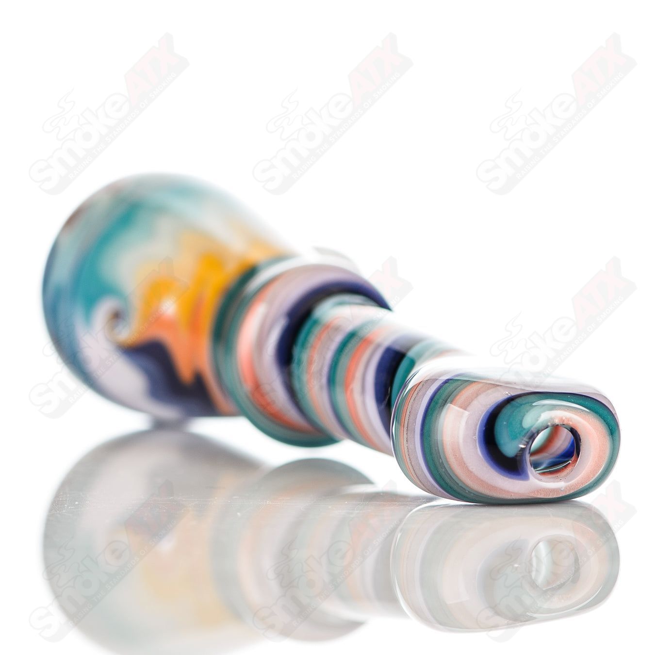 Katy Wright Glass Heady Chillum with Wig Wag design, clear glass, compact hand pipe for smoking, detailed artistic patterns