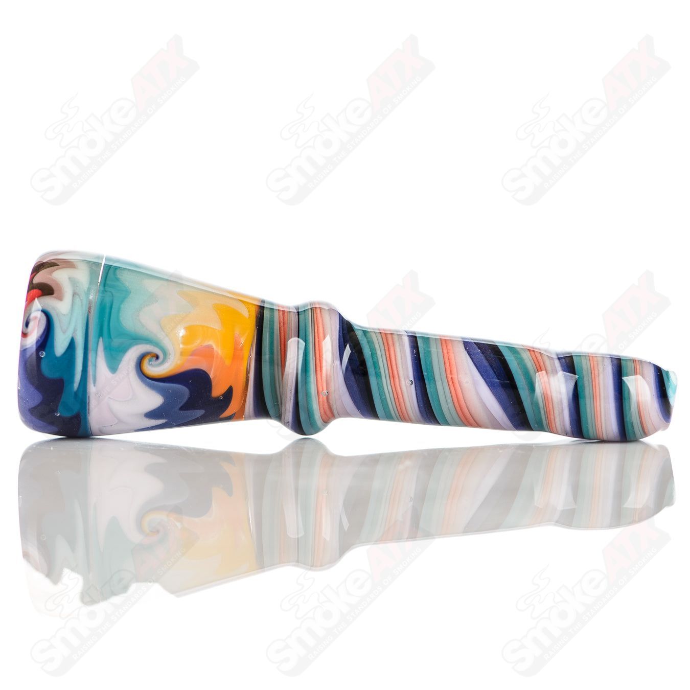 Colorful Katy Wright Glass #6 Wig Wag Chillum, handcrafted heady glass pipe with vibrant wig wag pattern.