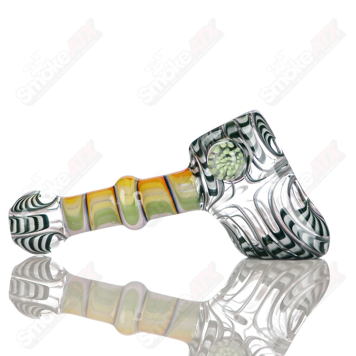 Katy Wright Glass Wig Wag Hammer Dry Pipe, heady glass hand pipe with colorful wig wag design and textured hammer shape.