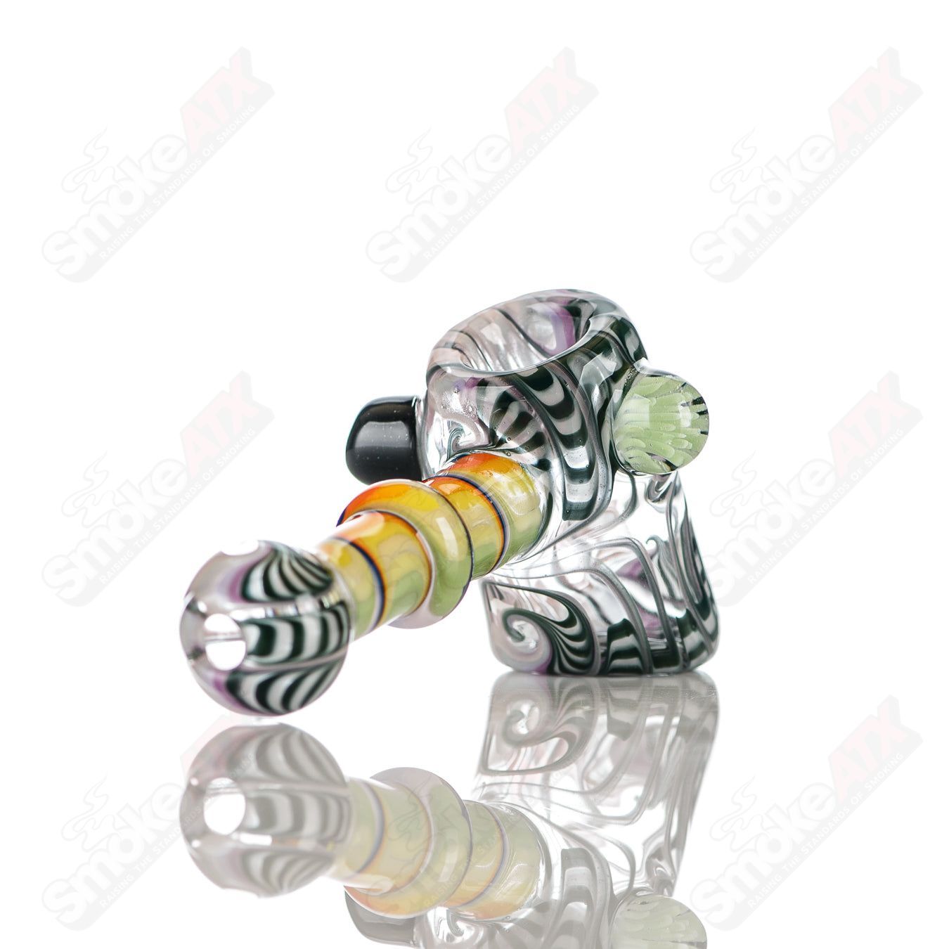 Katy Wright Glass hand pipe, #6 Wig Wag Hammer Dry Pipe with colorful wig wag pattern and glass construction.