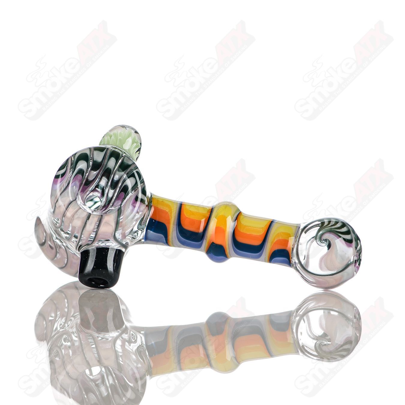 Katy Wright Glass Wig Wag Hammer Dry Pipe, colorful heady glass hand pipe with intricate wig wag design and textured surface.