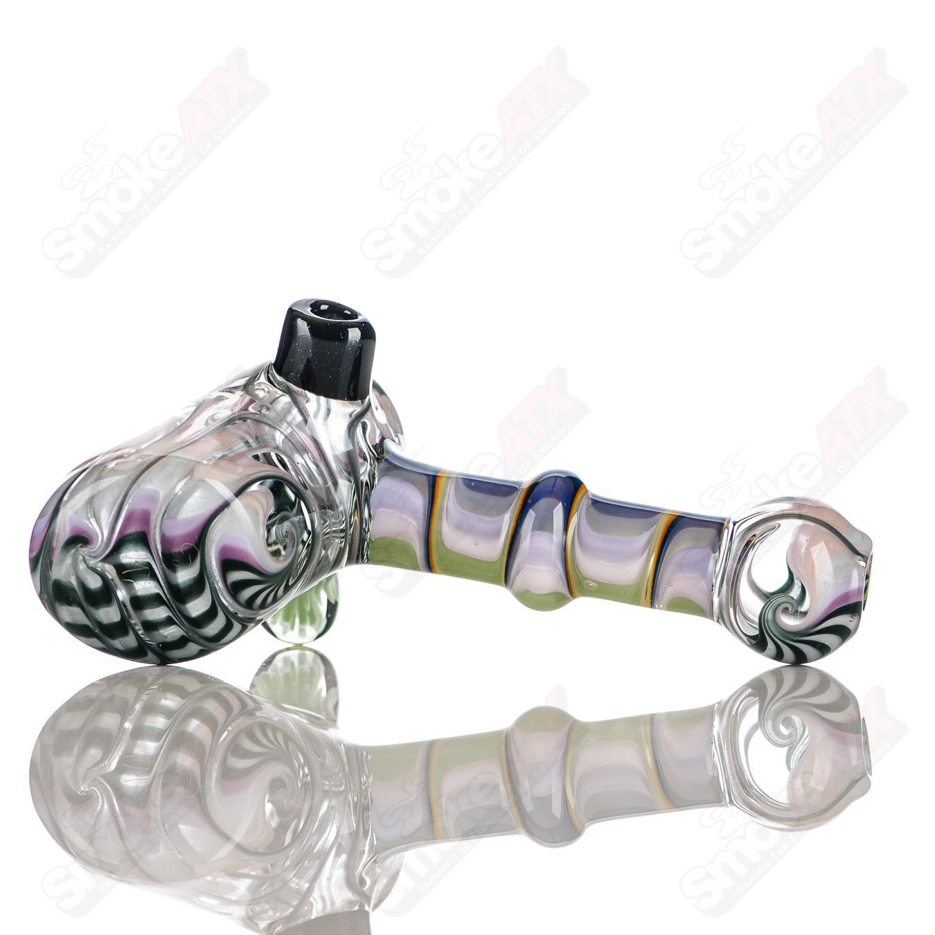 Katy Wright Glass Heady Glass 6-Wig Wag Hammer Dry Pipe with colorful wig wag design and clear glass accents.