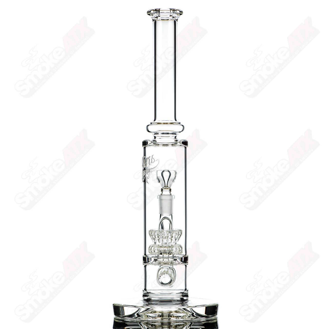 60mm UV Horizonline and Crown Perc Tube by Rawlins Glass, clear straight heady glass tube with vibrant UV-reactive features.