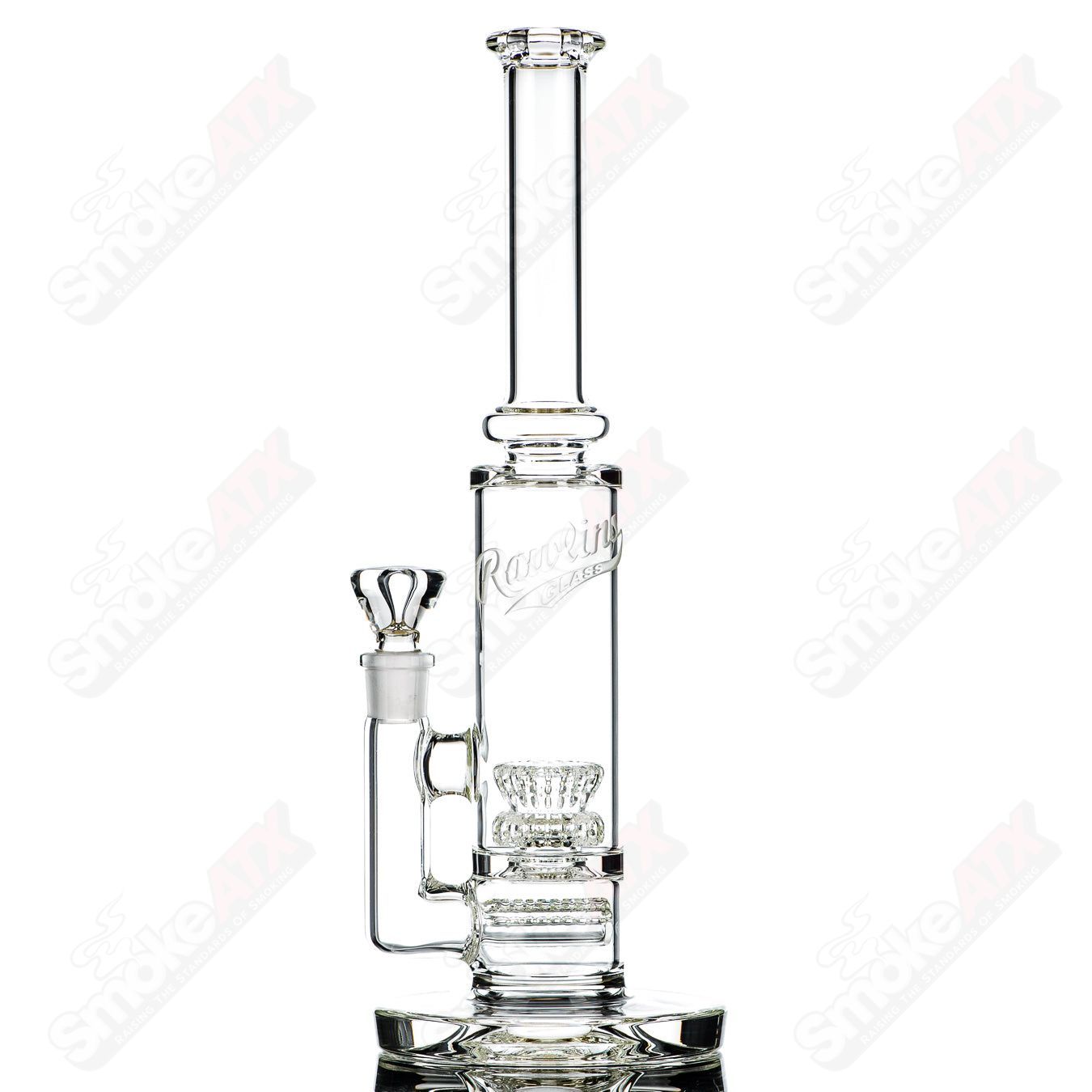 60mm UV Horizonline and Crown Perc Tube by Rawlins Glass, clear straight heady glass tube with vibrant UV-reactive features
