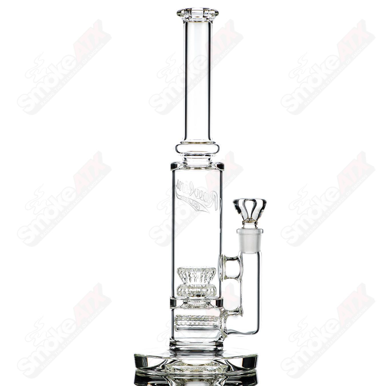 60mm UV Horizonline and Crown Perc Tube by Rawlins Glass, clear straight heady glass tube with vibrant UV-reactive features.