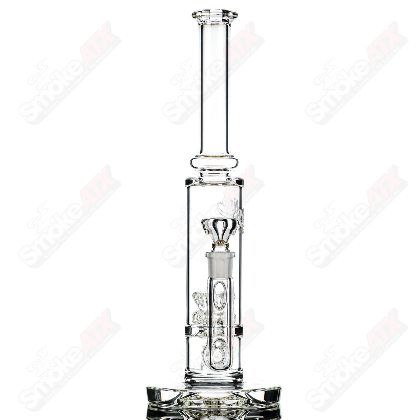 60mm UV Horizonline/Crown Perc Tube by Rawlins Glass, clear heady straight glass tube with vibrant UV-reactive features.