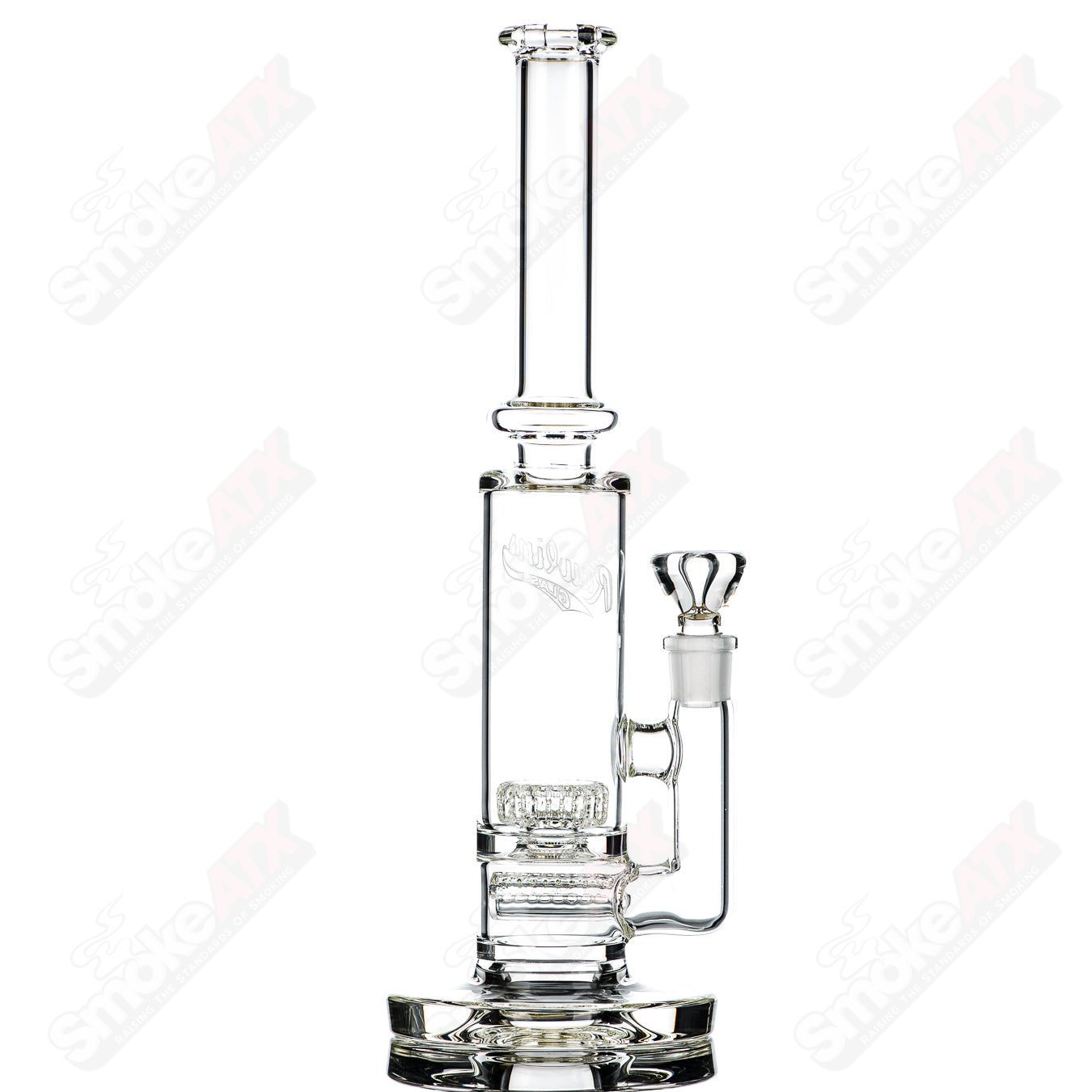 60mm UV Horizonline/Helix Perc Tube by Rawlins Glass, clear straight heady glass tube with vibrant UV-reactive features.