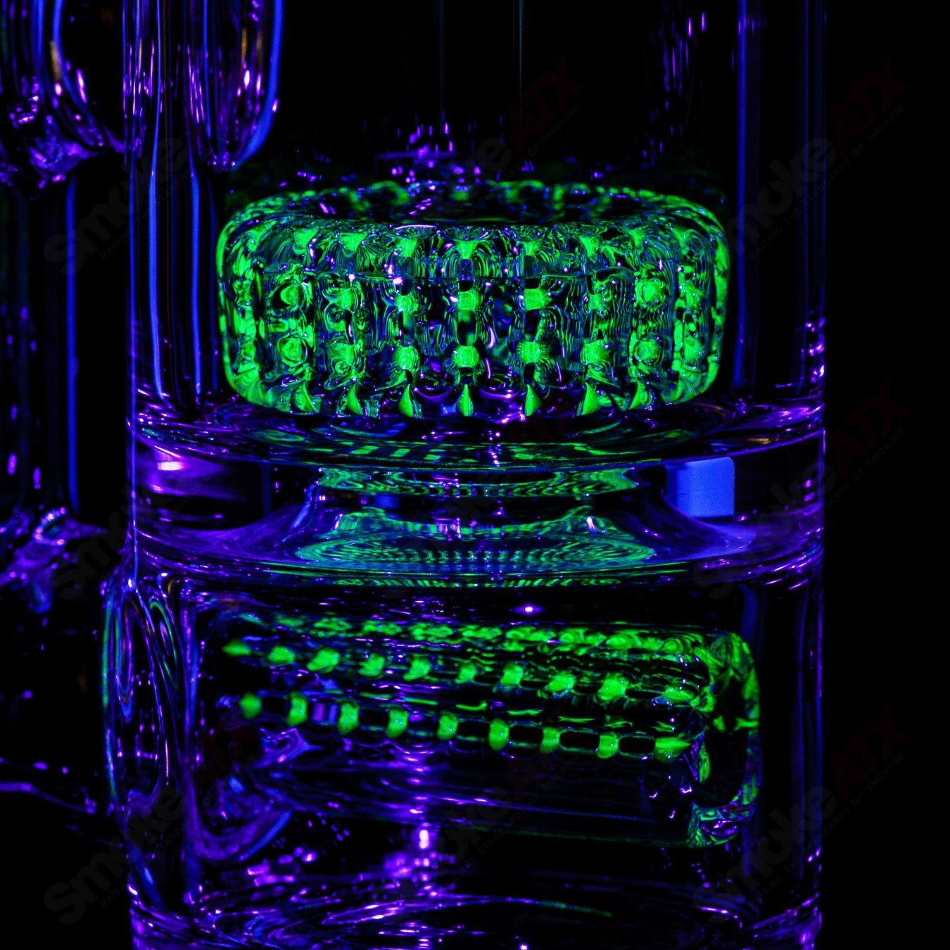 Rawlins Glass 60mm UV Horizonline/Helix Perc Tube, straight heady glass water pipe with vibrant UV-reactive design and perc filtration.