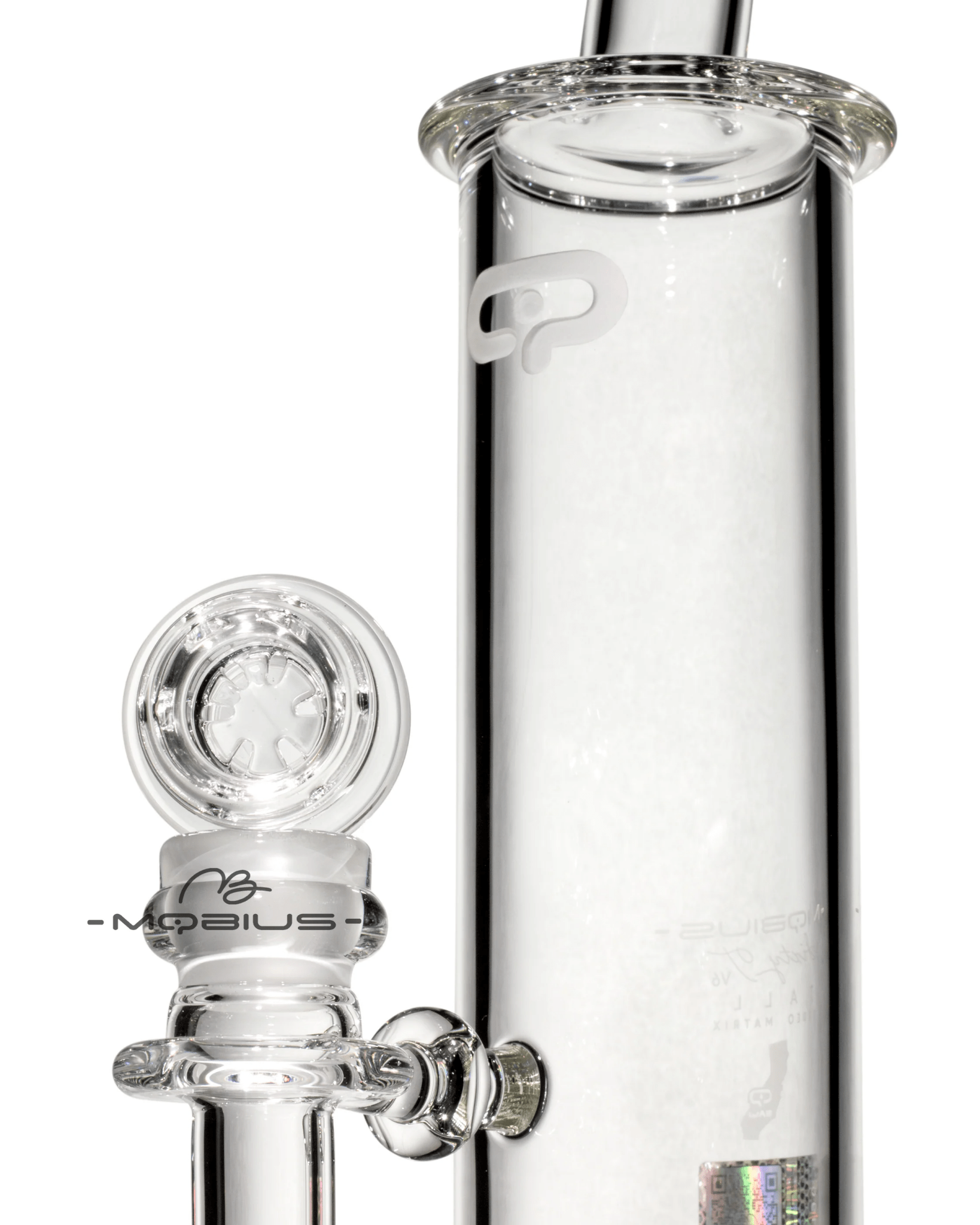 Clear glass 60T tall Stereo Matrix V6 Mobius waterpipe with intricate design and durable build for smooth, filtered smoking.