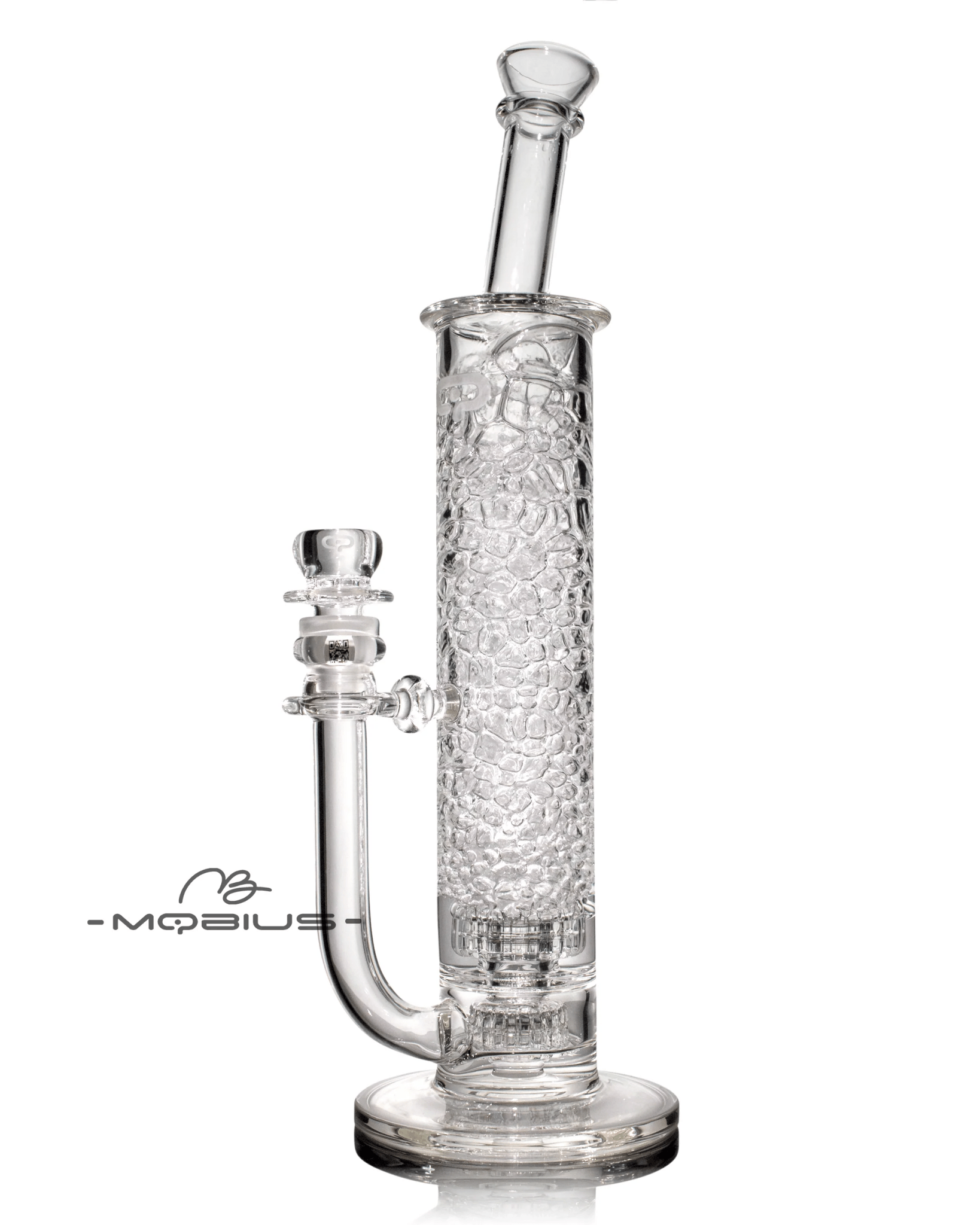 Clear Mobius 60T Tall Stereo Matrix V6 glass waterpipe with intricate design and durable construction.