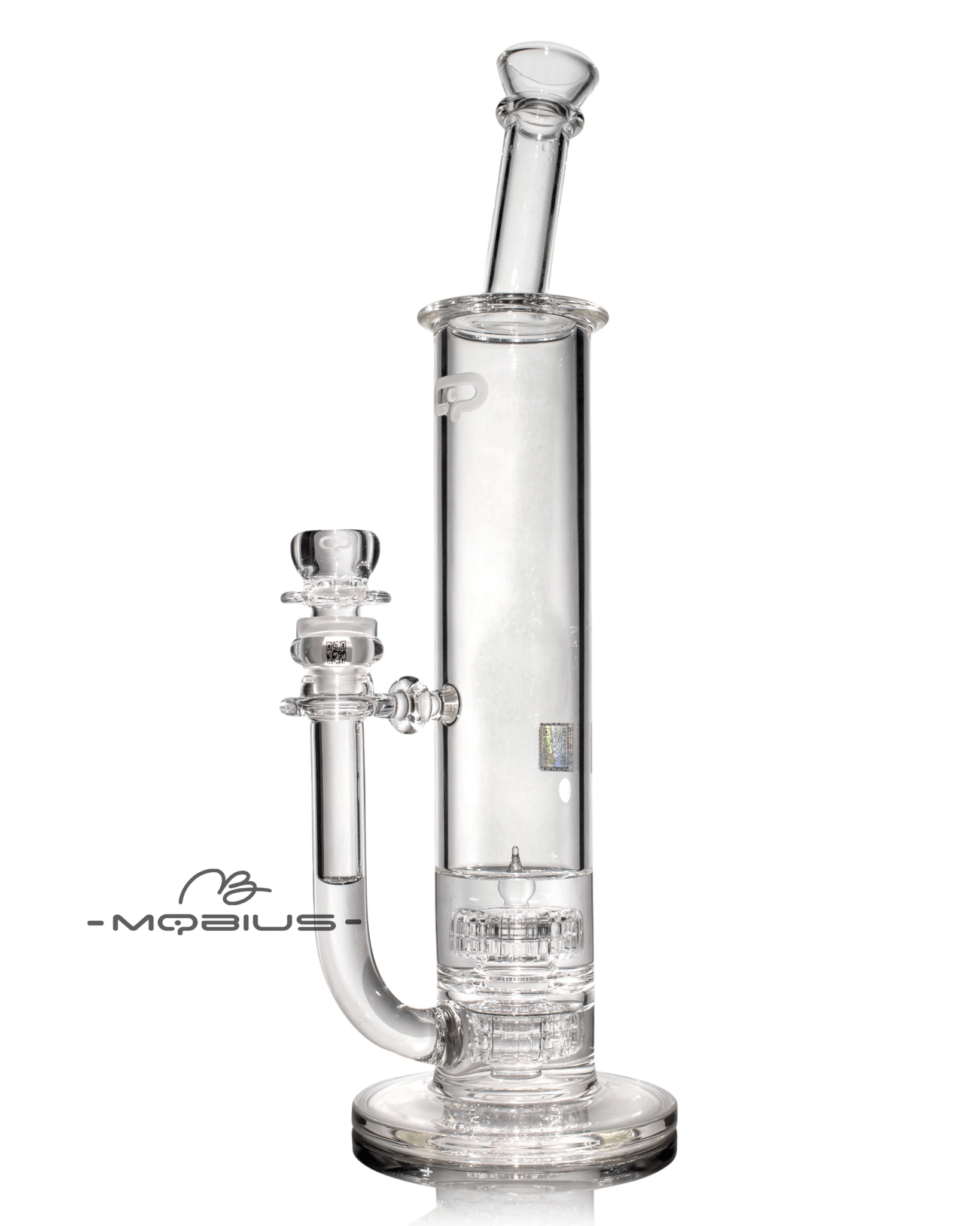 Clear glass 60T Tall Stereo Matrix V6 Mobius waterpipe with intricate design and tall, cylindrical shape for smooth filtration.