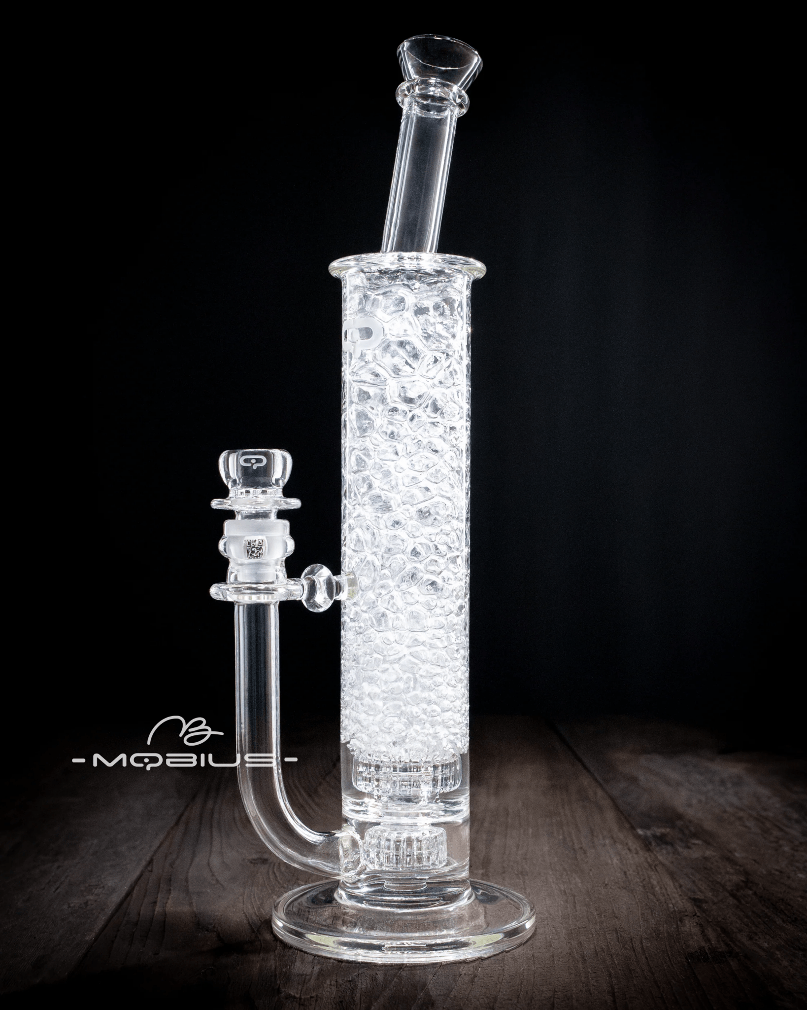 Clear glass 60T Tall Stereo Matrix V6 Mobius waterpipe with a sleek, tall design and intricate matrix pattern for smooth hits.