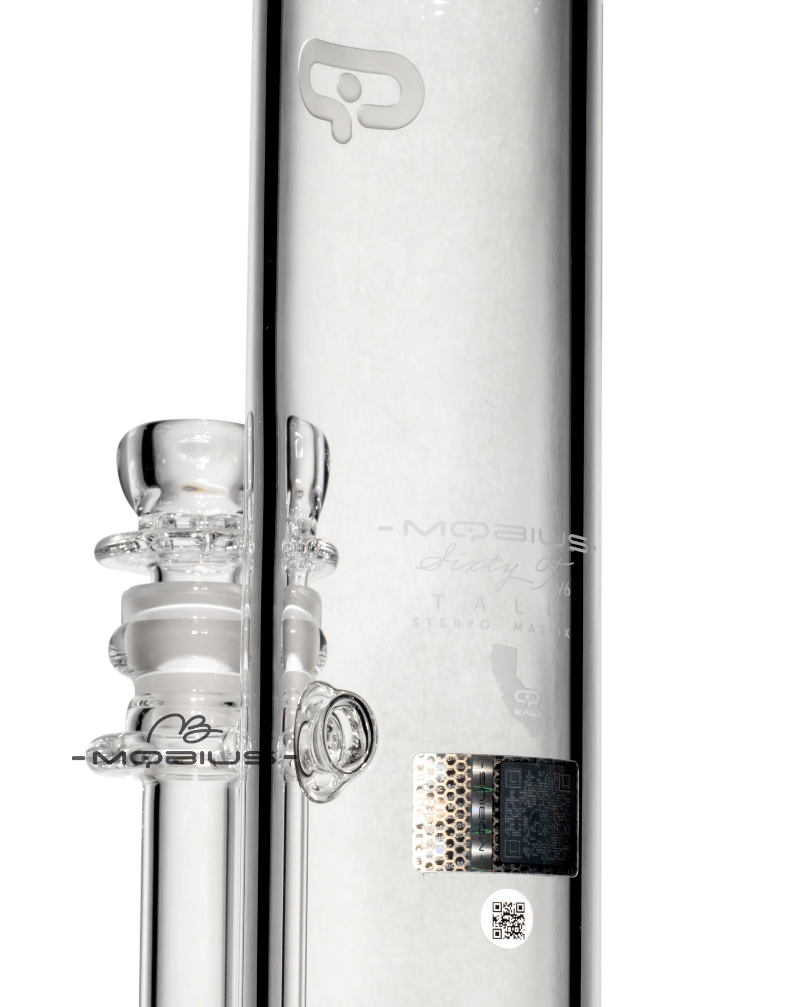 Clear glass waterpipe with 60T Tall Stereo Matrix V6 design by Mobius, featuring intricate detailing and a tall, sleek shape.